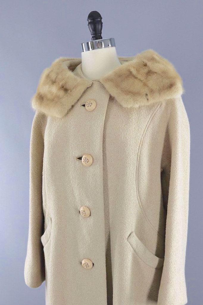 Vintage Winter Coat with Blonde Mink Fur Collar-ThisBlueBird