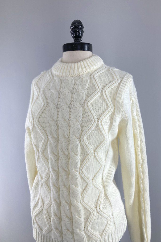 Vintage Winter White Cable Knit Sweater-ThisBlueBird