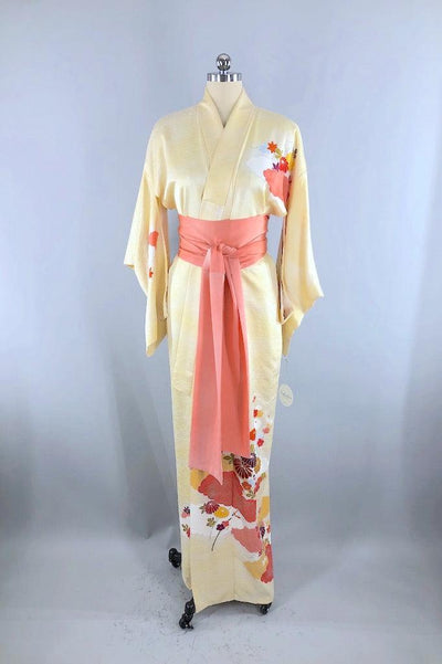 Vintage Yellow & Coral Floral Silk Kimono-ThisBlueBird
