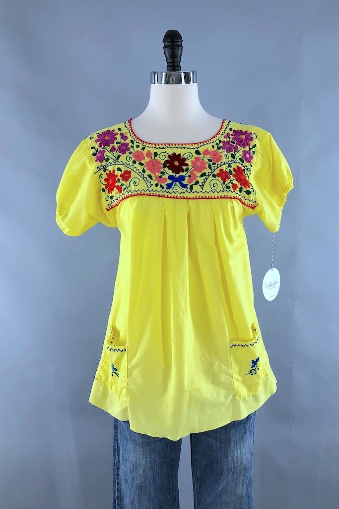 Vintage Yellow Cotton Embroidered Tunic-ThisBlueBird - Modern Vintage