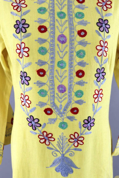 Vintage Kaftan Dress / Yellow Floral Embroidery-ThisBlueBird