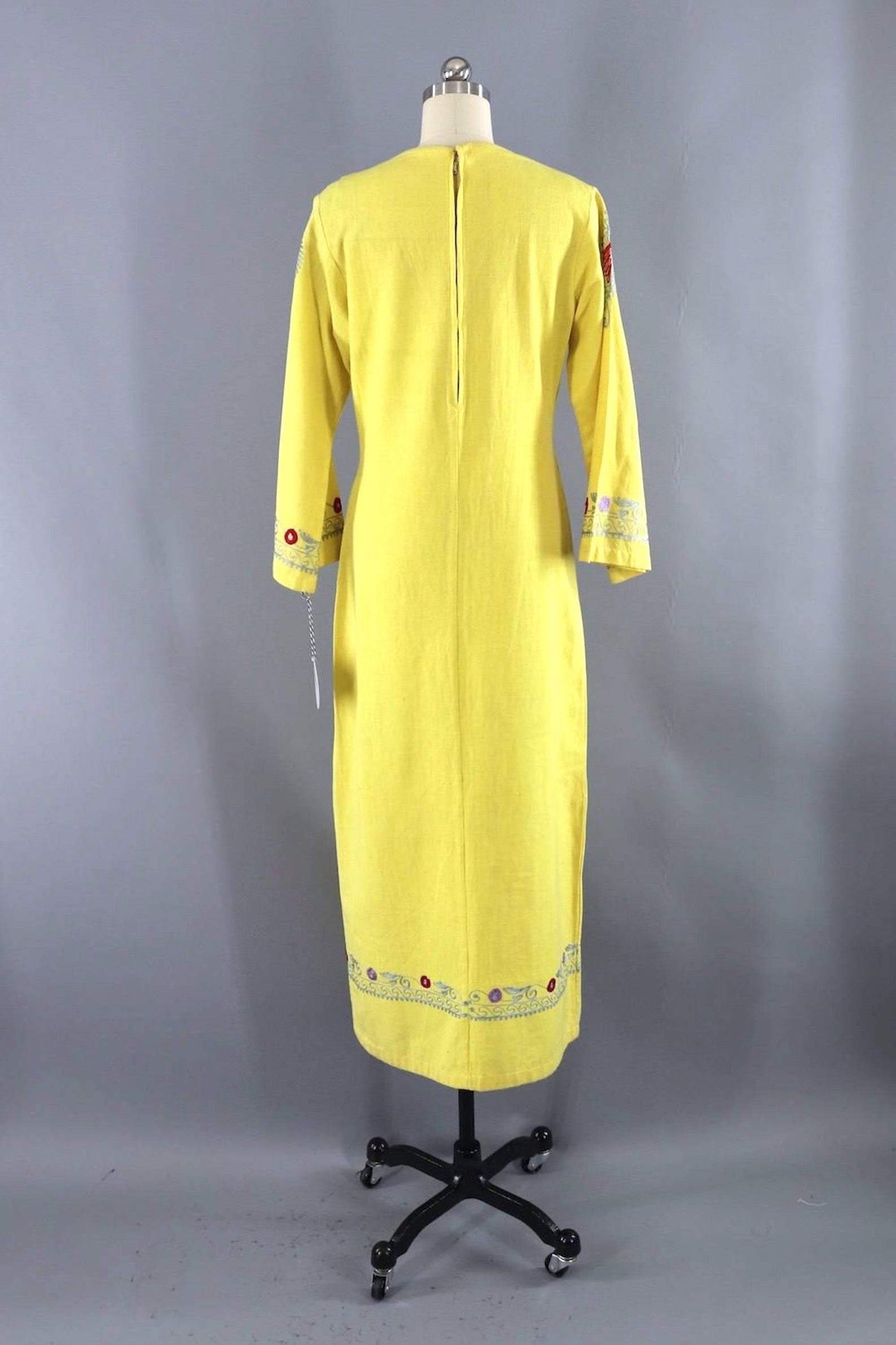 Vintage Kaftan Dress / Yellow Floral Embroidery-ThisBlueBird