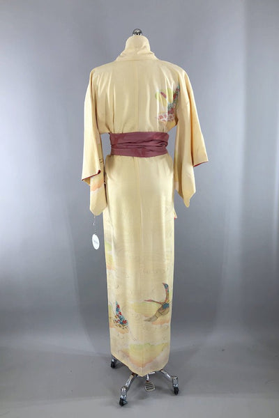Vintage Yellow Flying Cranes Silk Kimono Robe-ThisBlueBird - Modern Vintage