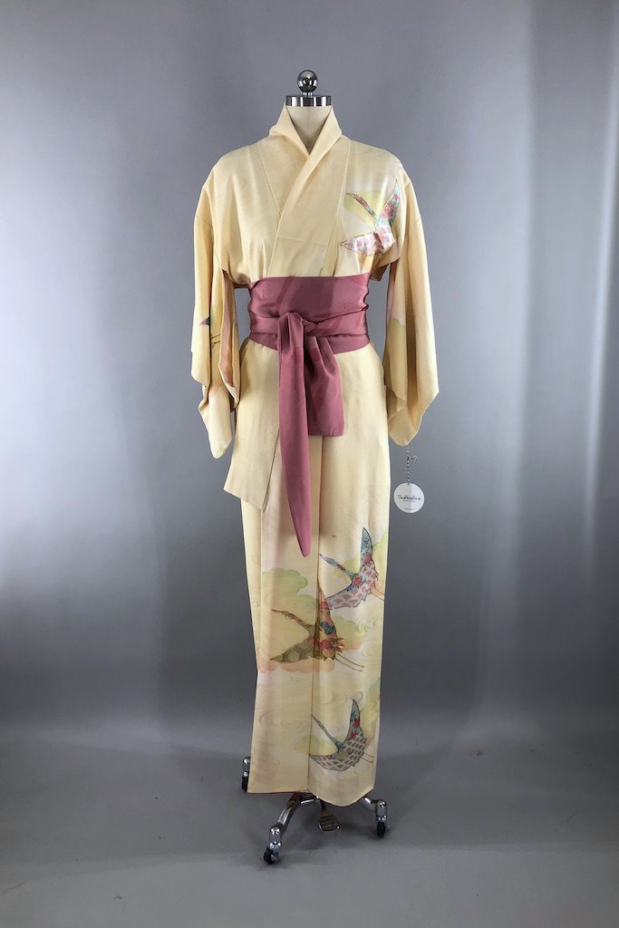 Vintage Yellow Flying Cranes Silk Kimono Robe-ThisBlueBird - Modern Vintage