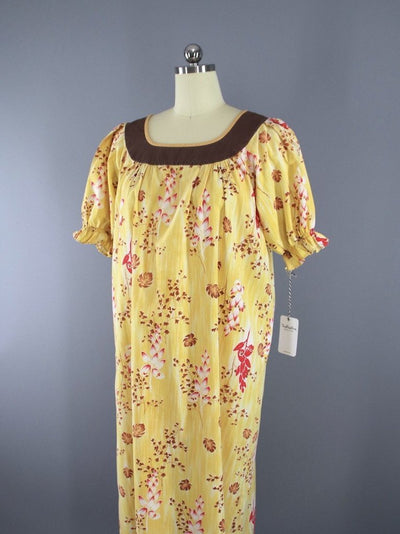 Vintage 1960s Yellow Ginger Hawaiian Print Caftan Dress - ThisBlueBird