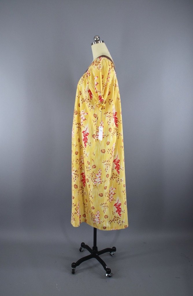 Vintage 1960s Yellow Ginger Hawaiian Print Caftan Dress - ThisBlueBird