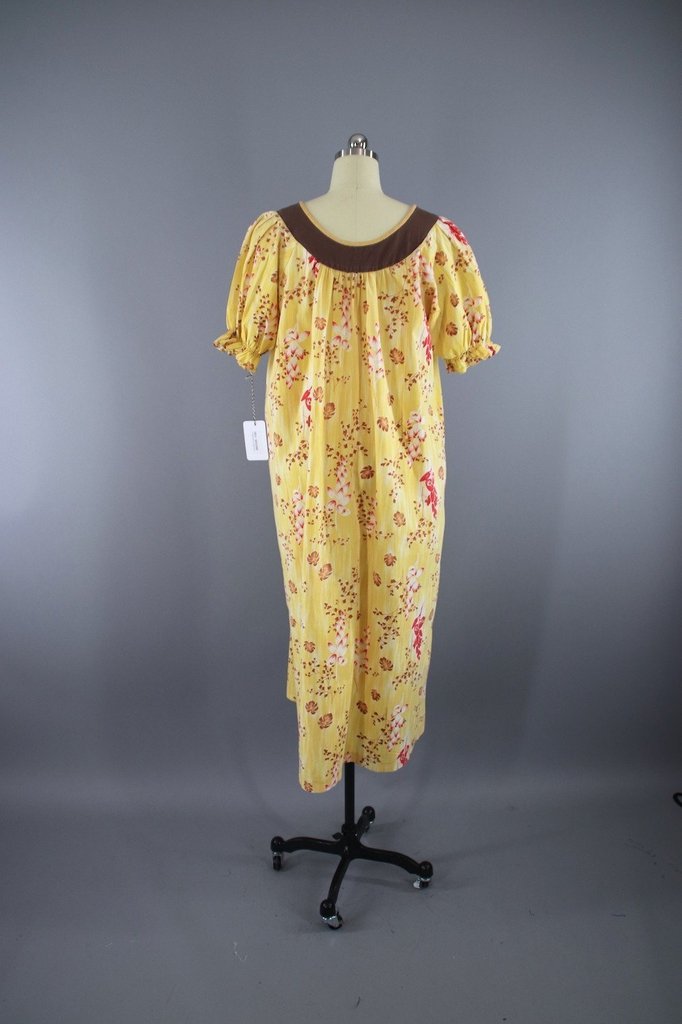 Vintage 1960s Yellow Ginger Hawaiian Print Caftan Dress - ThisBlueBird