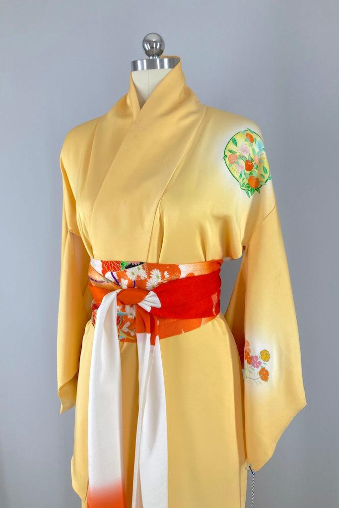 Vintage Yellow Orange Floral Print Silk Kimono Robe-ThisBlueBird