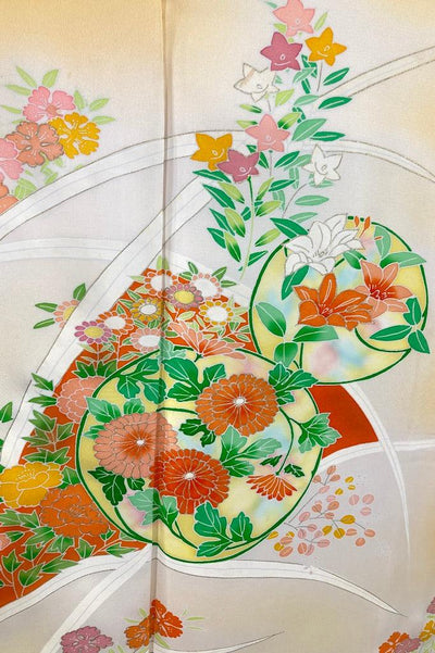Vintage Yellow Orange Floral Print Silk Kimono Robe-ThisBlueBird