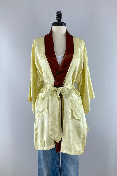 Vintage Yellow Satin Short Robe-ThisBlueBird