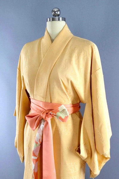 Vintage Silk Kimono Robe / Buttery Yellow Waves-ThisBlueBird