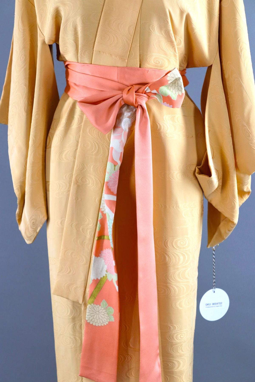 Vintage Silk Kimono Robe / Buttery Yellow Waves-ThisBlueBird