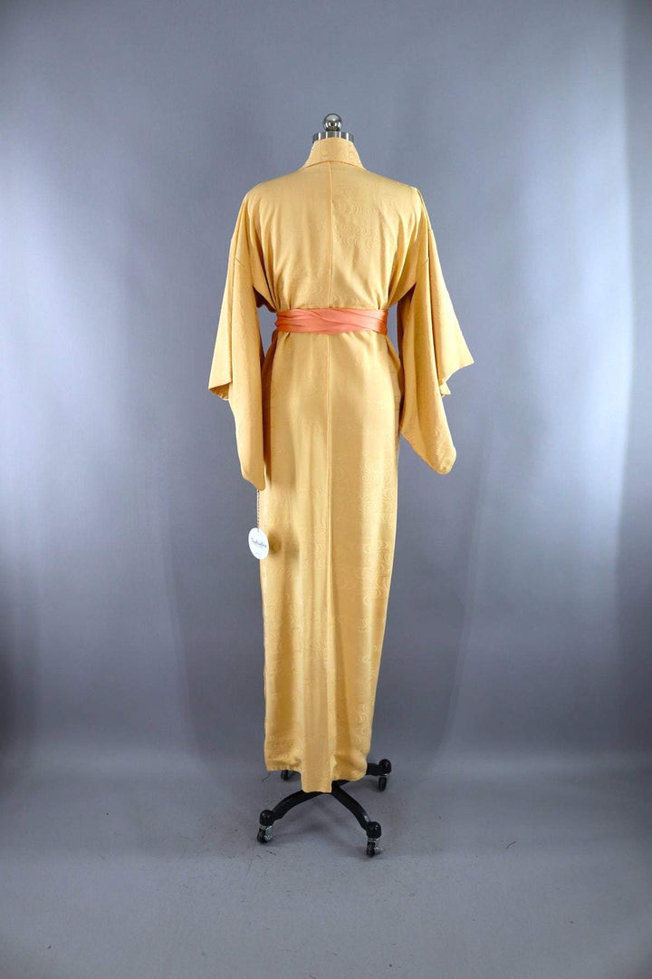 Vintage Silk Kimono Robe / Buttery Yellow Waves-ThisBlueBird