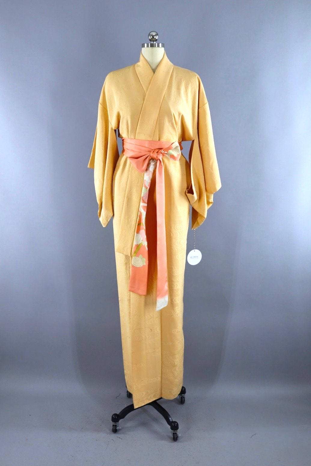 Vintage Silk Kimono Robe / Buttery Yellow Waves-ThisBlueBird