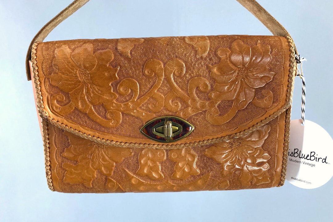 Vintaged 1930s-40s Tooled Leather Handbag-ThisBlueBird - Modern Vintage