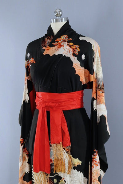 Antique 1910s Black Cranes Silk Kimono Furisode ThisBlueBird