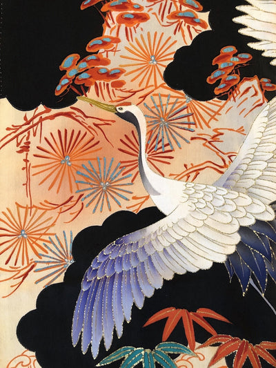 Antique 1910s Black Cranes Silk Kimono Furisode ThisBlueBird
