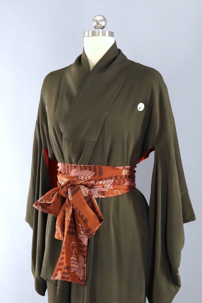 Antique Black & Pink Fans Silk Kimono Robe-ThisBlueBird - Modern Vintage