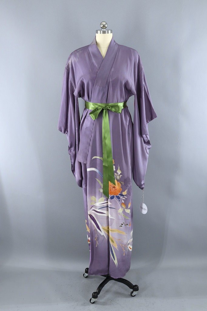 Antique Lavender & Orange Floral Silk Kimono-ThisBlueBird - Modern Vintage