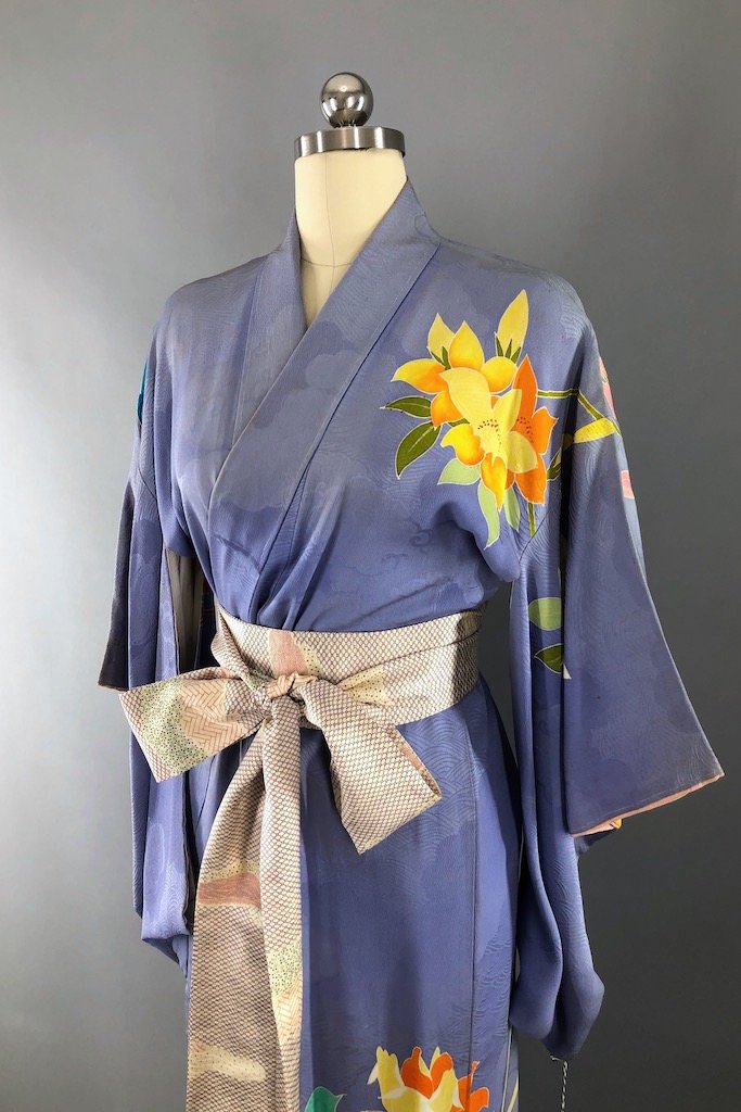 Antique Periwinkle Birds Silk Kimono Robe-ThisBlueBird - Modern Vintage