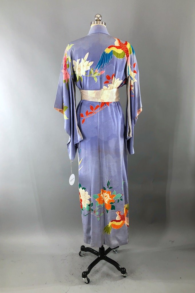 Antique Periwinkle Birds Silk Kimono Robe-ThisBlueBird - Modern Vintage