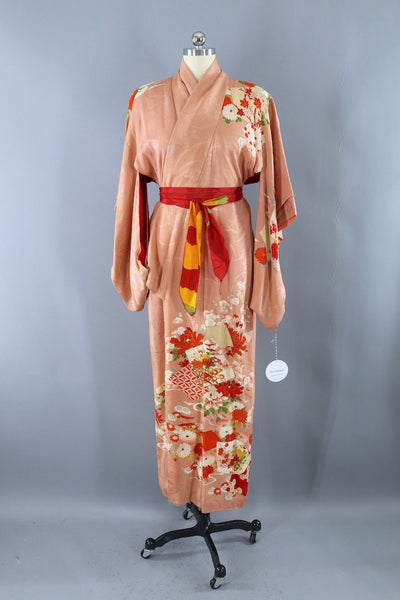 Antique Pink Floral Print Silk Kimono Robe-ThisBlueBird - Modern Vintage