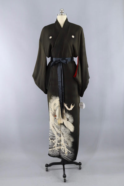 Antique Silk Kimono / Black and White Peacocks - ThisBlueBird
