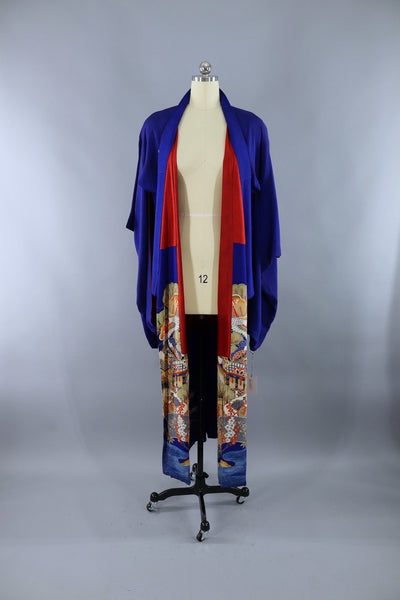 Antique Silk Kimono Robe / Royal Blue Flying Cranes Print - ThisBlueBird