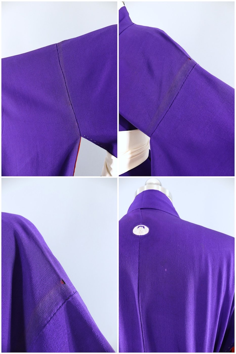 Antique Silk Kimono Robe / Royal Purple and White Doves - ThisBlueBird