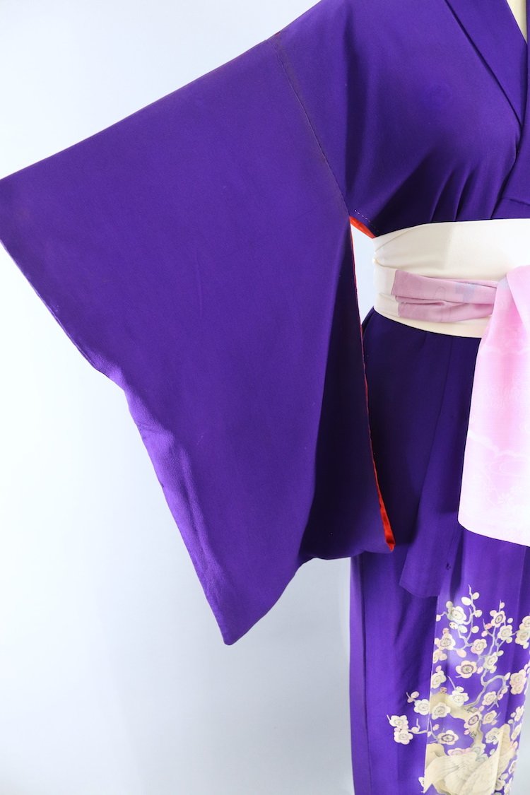 Antique Silk Kimono Robe / Royal Purple and White Doves - ThisBlueBird