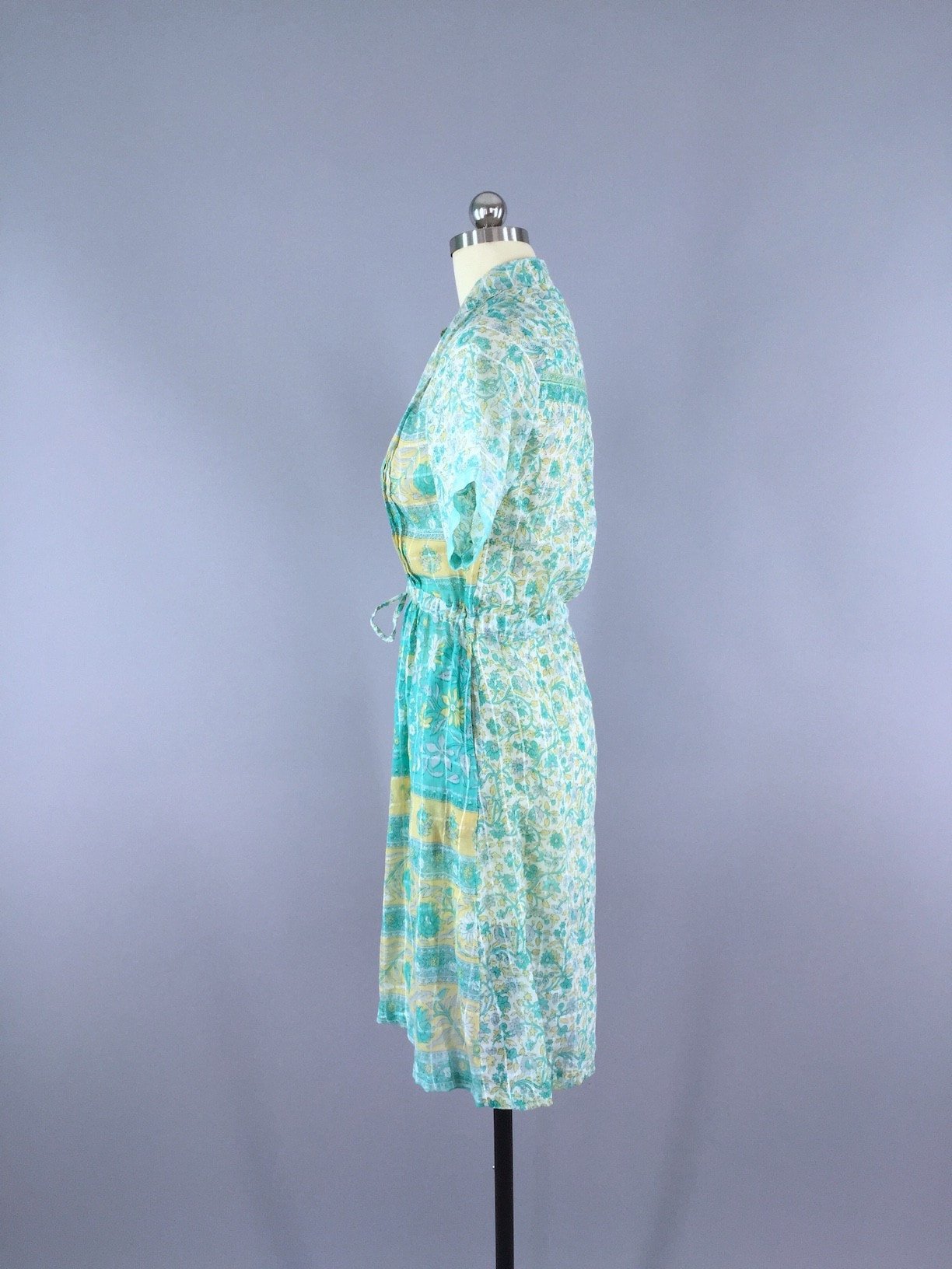 Aqua Floral Print Indian Cotton Dess made from a Vintage Indian Sari - ThisBlueBird