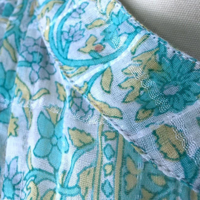 Aqua Floral Print Indian Cotton Dess made from a Vintage Indian Sari - ThisBlueBird
