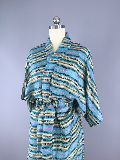 Aqua Paisley Striped Robe made from a Vintage Indian Silk Sari - ThisBlueBird