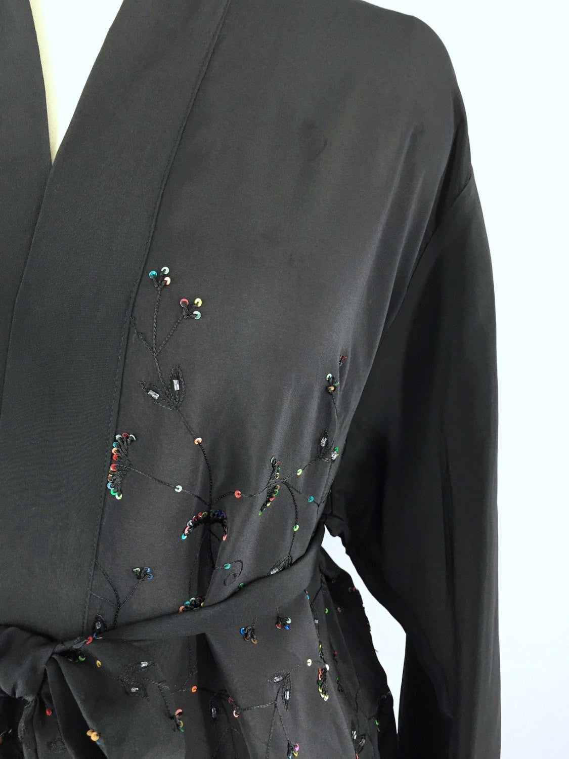 Beaded Black Art Deco Silk Kimono Cardigan made from a Vintage Indian Sari - ThisBlueBird
