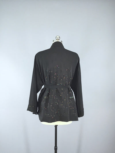 Beaded Black Art Deco Silk Kimono Cardigan made from a Vintage Indian Sari - ThisBlueBird