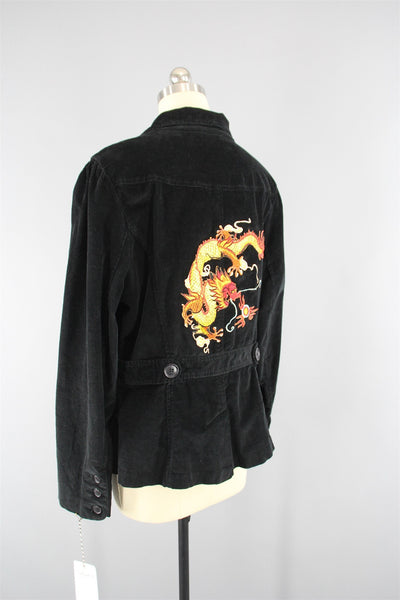 Black Corduroy Jacket with Golden Dragon Embroidered Patch - ThisBlueBird