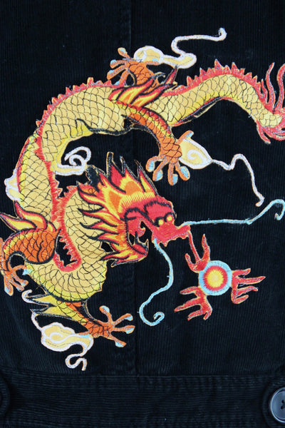 Black Corduroy Jacket with Golden Dragon Embroidered Patch - ThisBlueBird