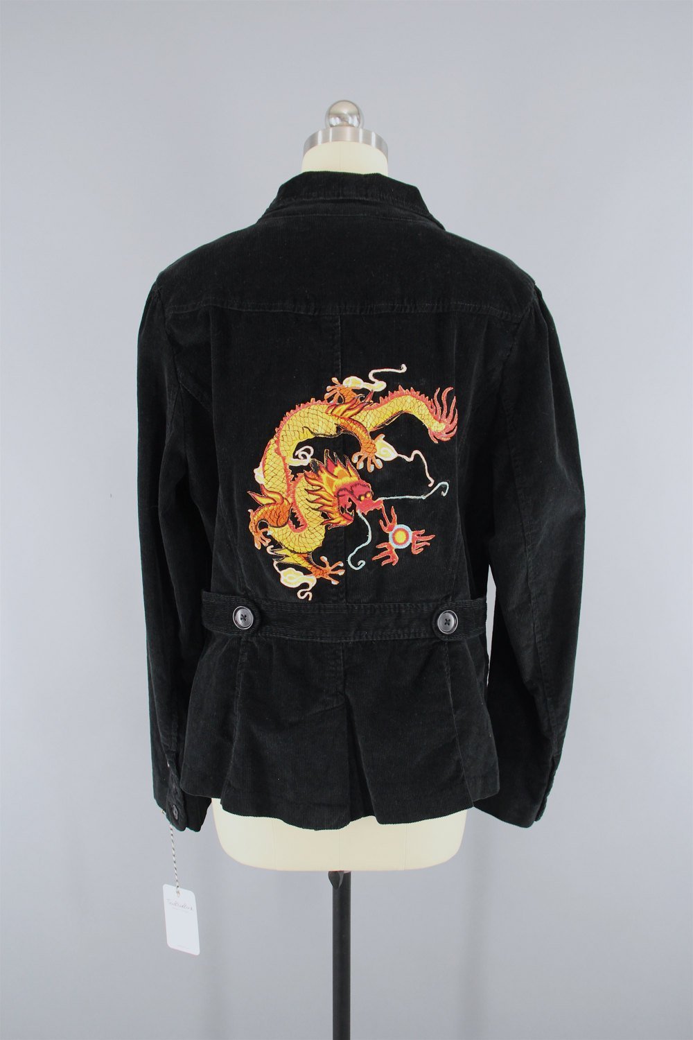 BLACK Corduroy Jacket with Golden Dragon Embroidered Patch - See Measurements / Blue - ThisBlueBird