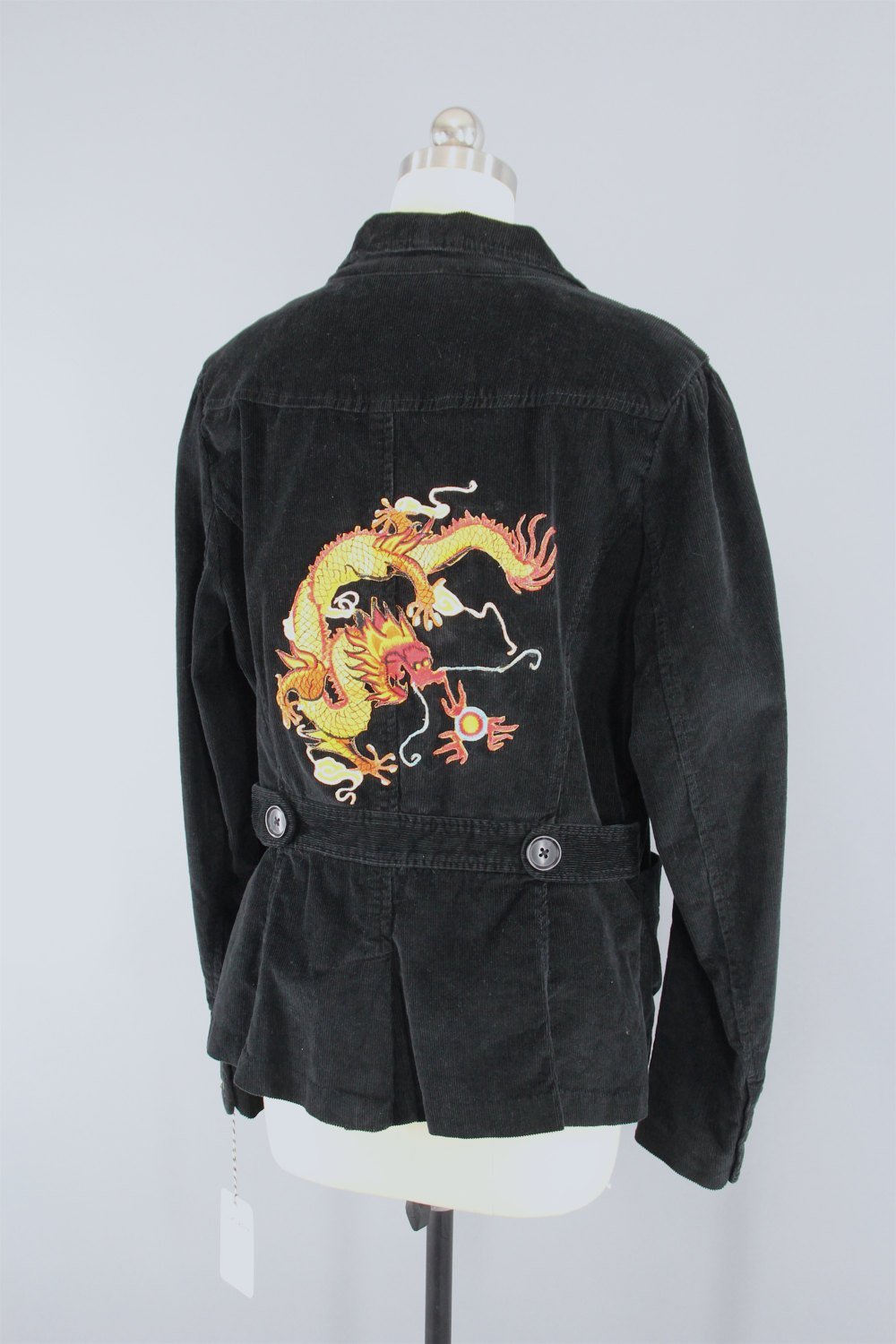 BLACK Corduroy Jacket with Golden Dragon Embroidered Patch - See Measurements / Blue - ThisBlueBird