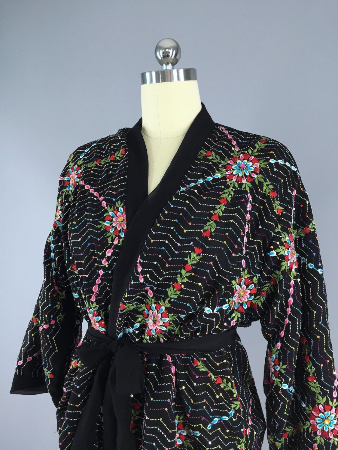 Black Embroidered Silk Chiffon Kimono Cardigan made from a Vintage Indian Sari - ThisBlueBird