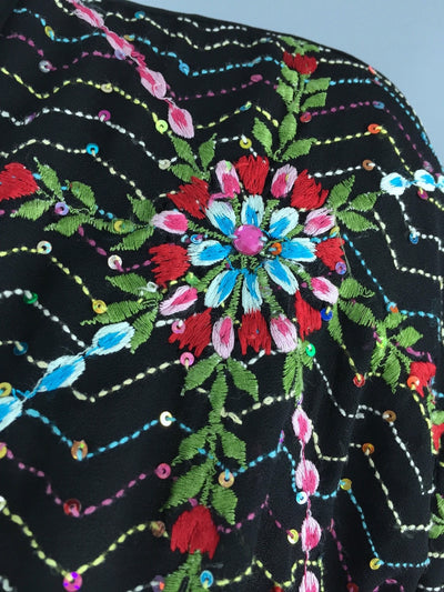 Black Embroidered Silk Chiffon Kimono Cardigan made from a Vintage Indian Sari - ThisBlueBird