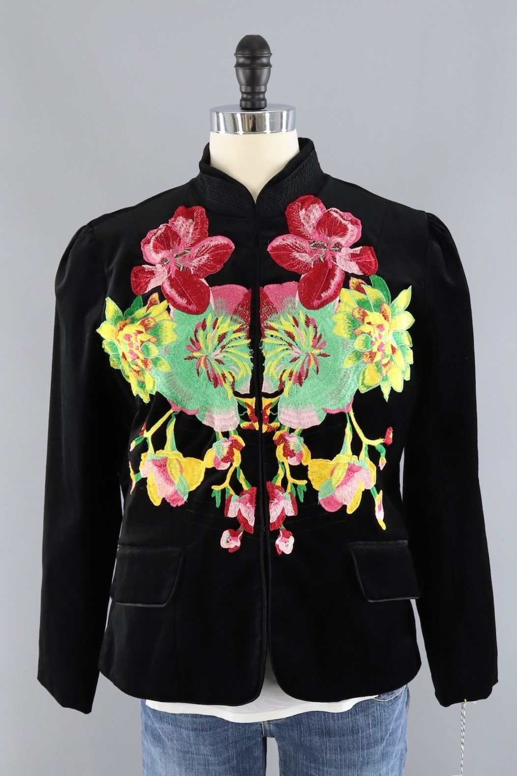 Black Velvet Military Style Jacket with Floral Embroidery - ThisBlueBird
