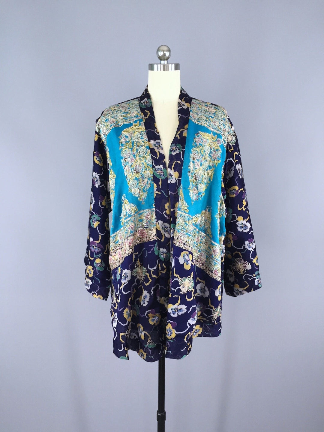 Blue Pansy Embroidered Silk Chiffon Kimono Cardigan made from a Vintage Indian Sari - ThisBlueBird