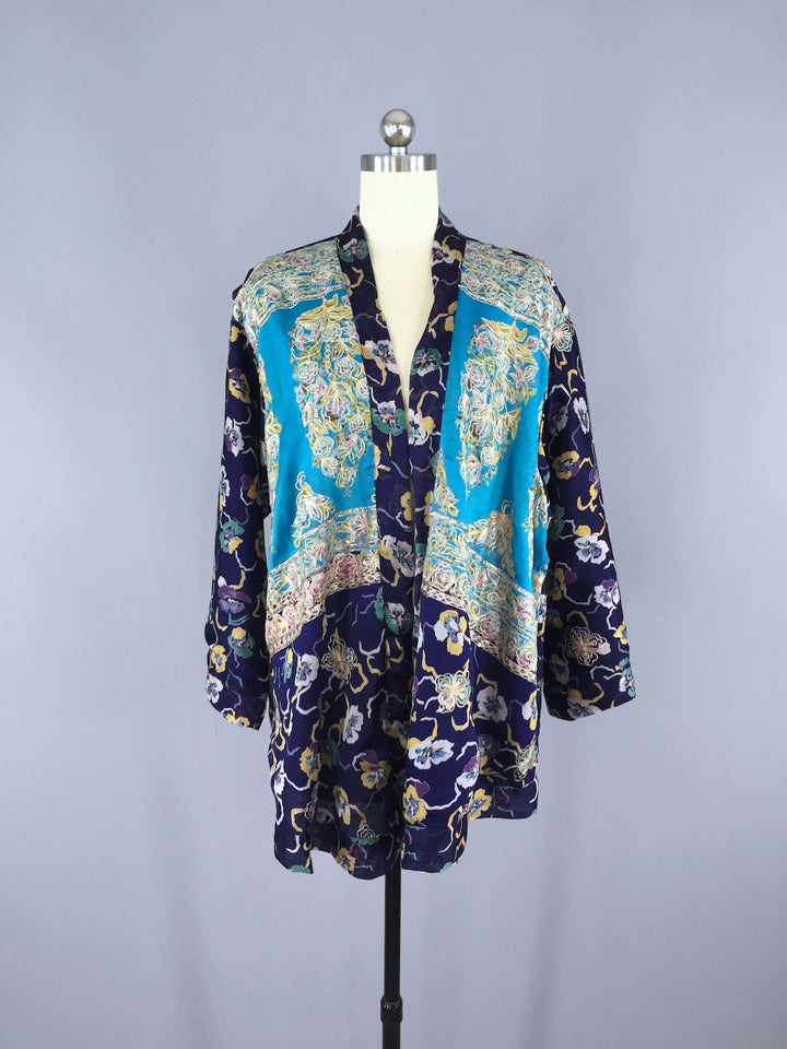 Blue Pansy Embroidered Silk Chiffon Kimono Cardigan made from a Vintage Indian Sari - ThisBlueBird