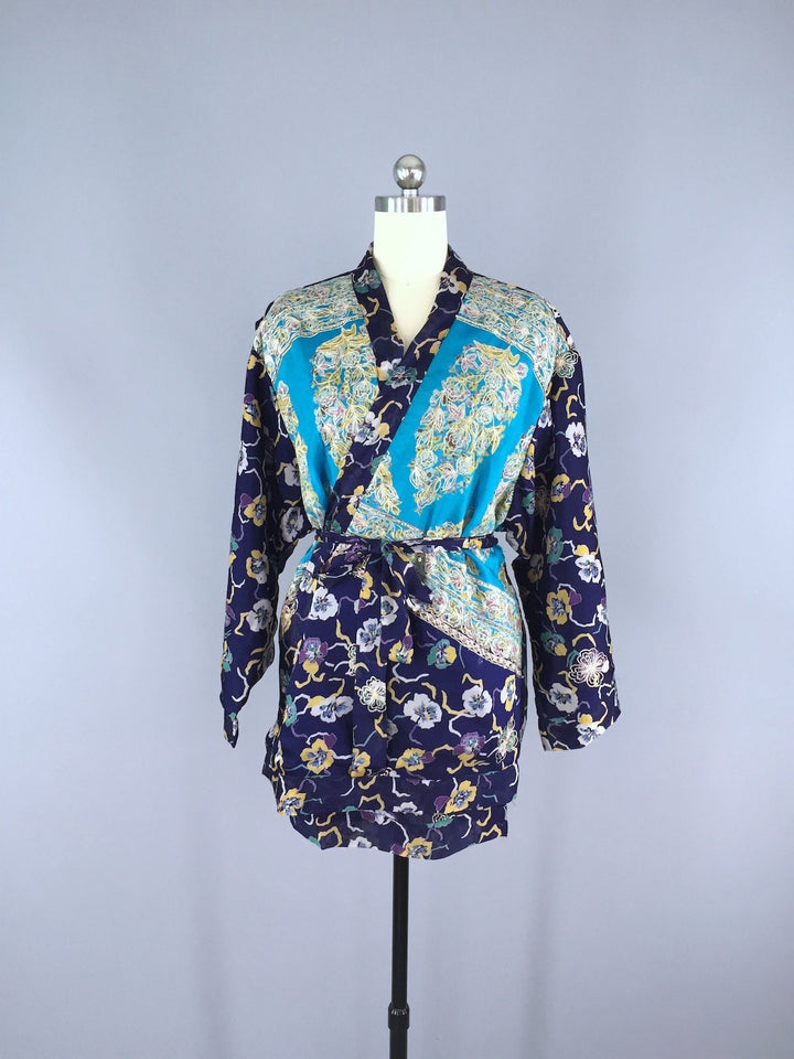 Blue Pansy Embroidered Silk Chiffon Kimono Cardigan made from a Vintage Indian Sari - ThisBlueBird