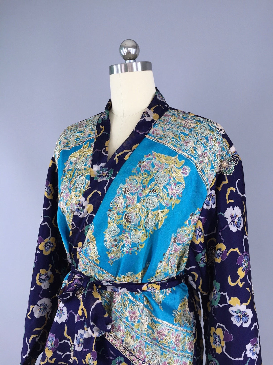 Blue Pansy Embroidered Silk Chiffon Kimono Cardigan made from a Vintage Indian Sari - ThisBlueBird