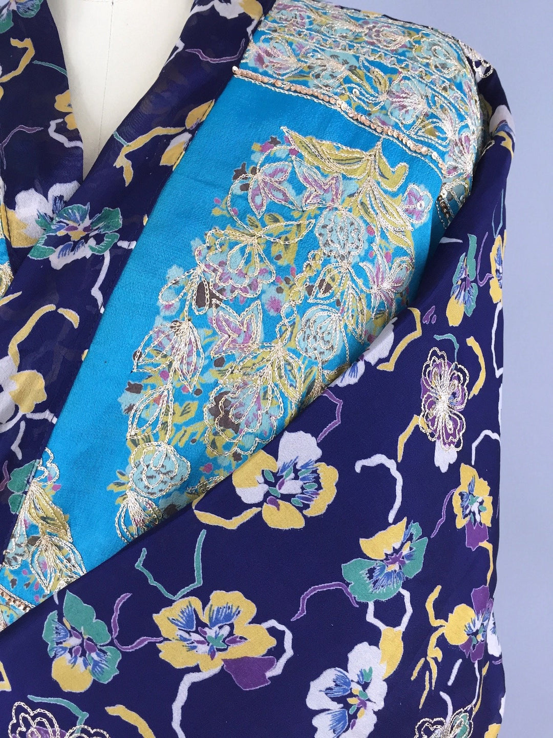 Blue Pansy Embroidered Silk Chiffon Kimono Cardigan made from a Vintage Indian Sari - ThisBlueBird