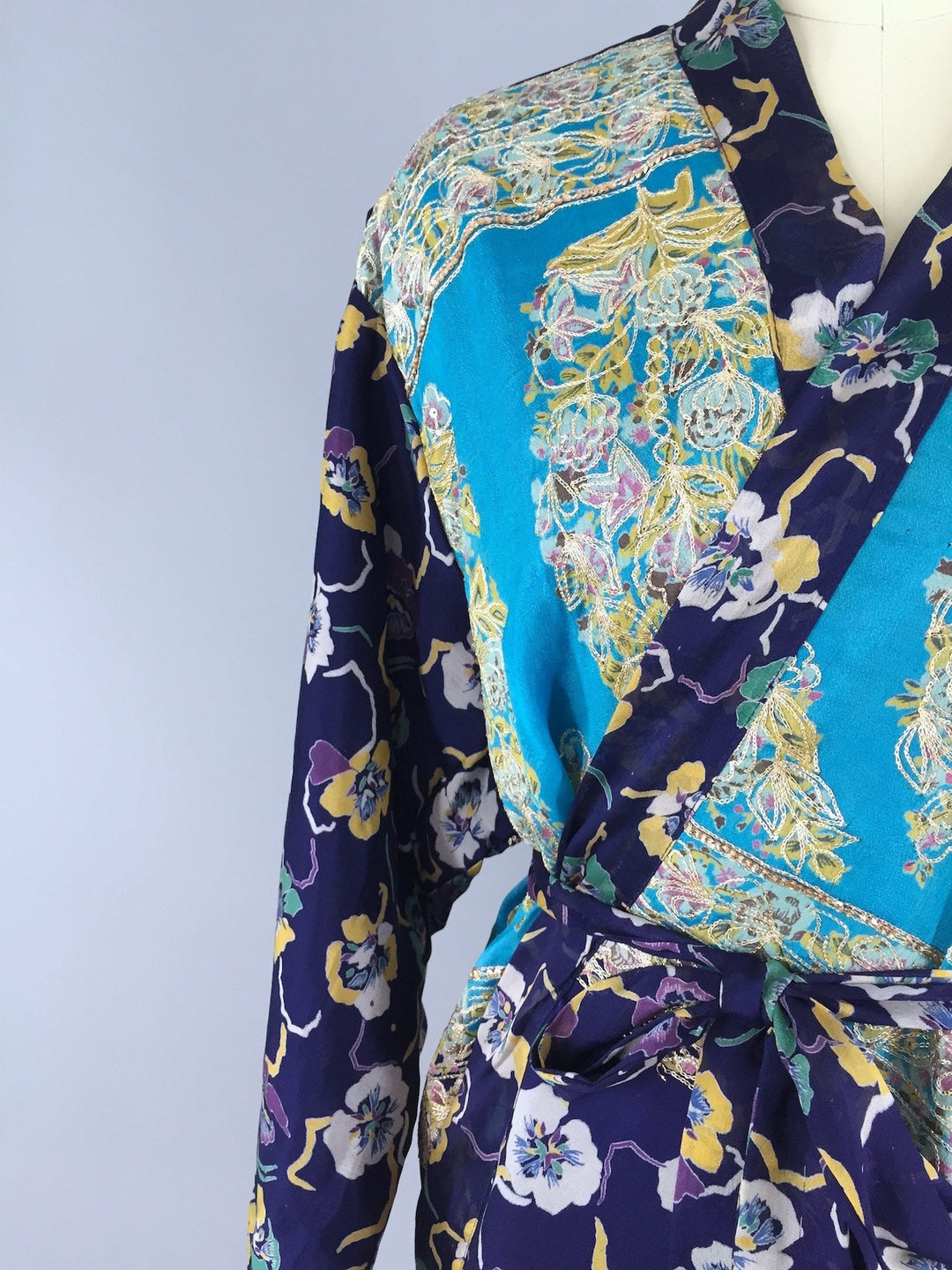 Blue Pansy Embroidered Silk Chiffon Kimono Cardigan made from a Vintage Indian Sari - ThisBlueBird