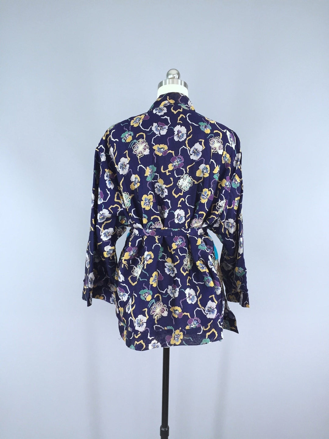 Blue Pansy Embroidered Silk Chiffon Kimono Cardigan made from a Vintage Indian Sari - ThisBlueBird