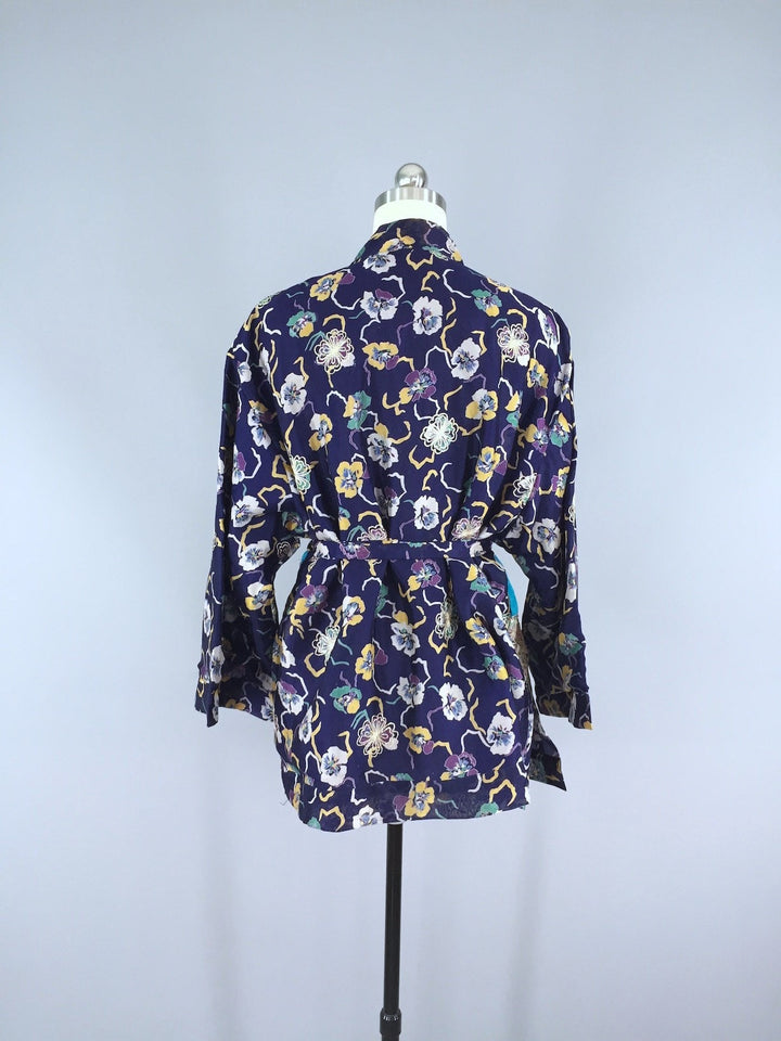 Blue Pansy Embroidered Silk Chiffon Kimono Cardigan made from a Vintage Indian Sari - ThisBlueBird